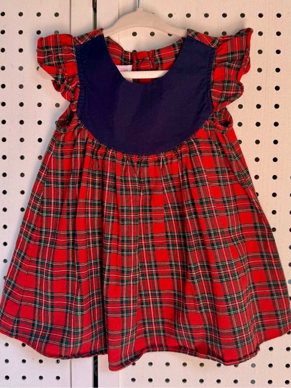 Ricrac & Ruffles 2T Red Tartan Plaid Christmas Dress Navy Bib Flutter Sleeve